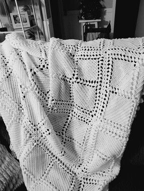 Handmade White Crocheted Afghan Throw Blanket Granny Square Vintage